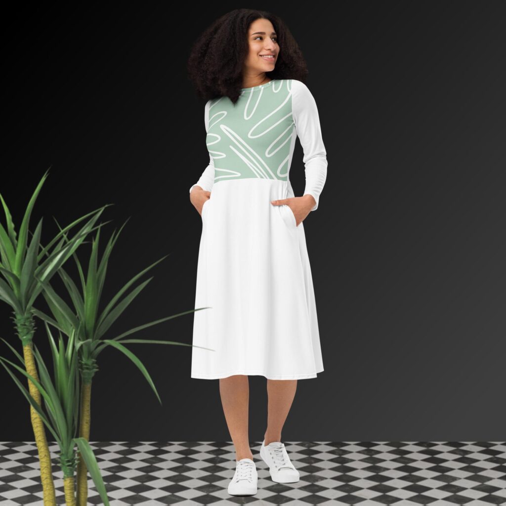 all over print long sleeve midi dress white front 6527687dac7d6